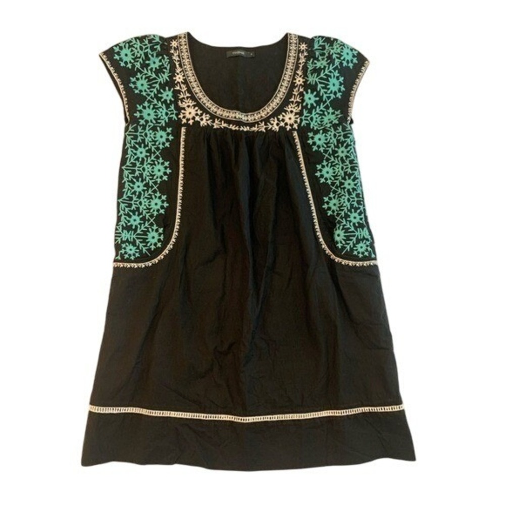 Theme Embroidered‎ Scoopneck Black Lined Cotton Shift Dress Women's Size Small
